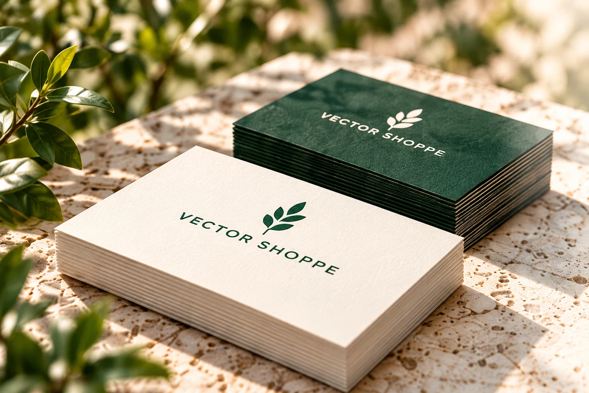 Ivory and forest-green Vector Shoppe business cards on pale stone