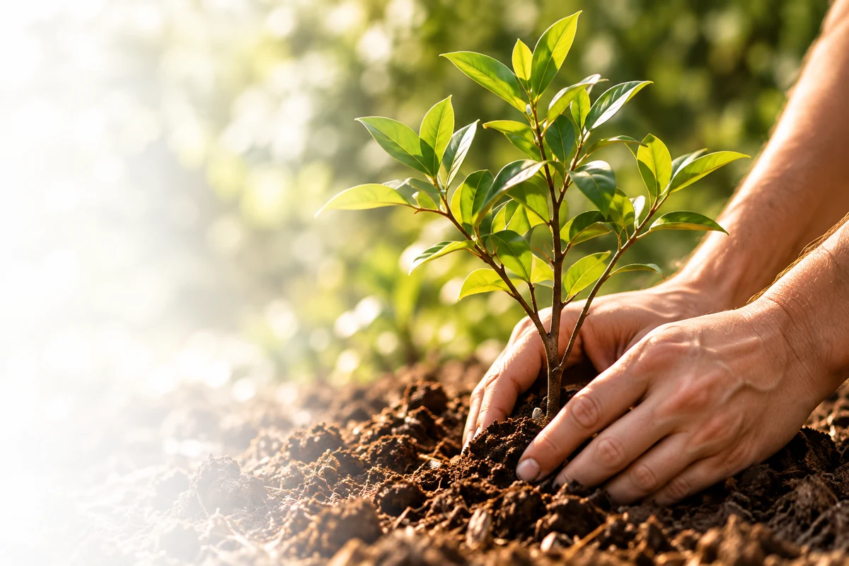 Hands planting a healthy young tree in rich soil