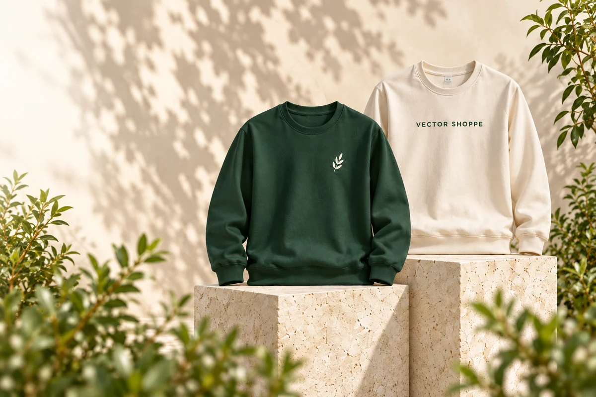 Crewnecks in forest green and cream