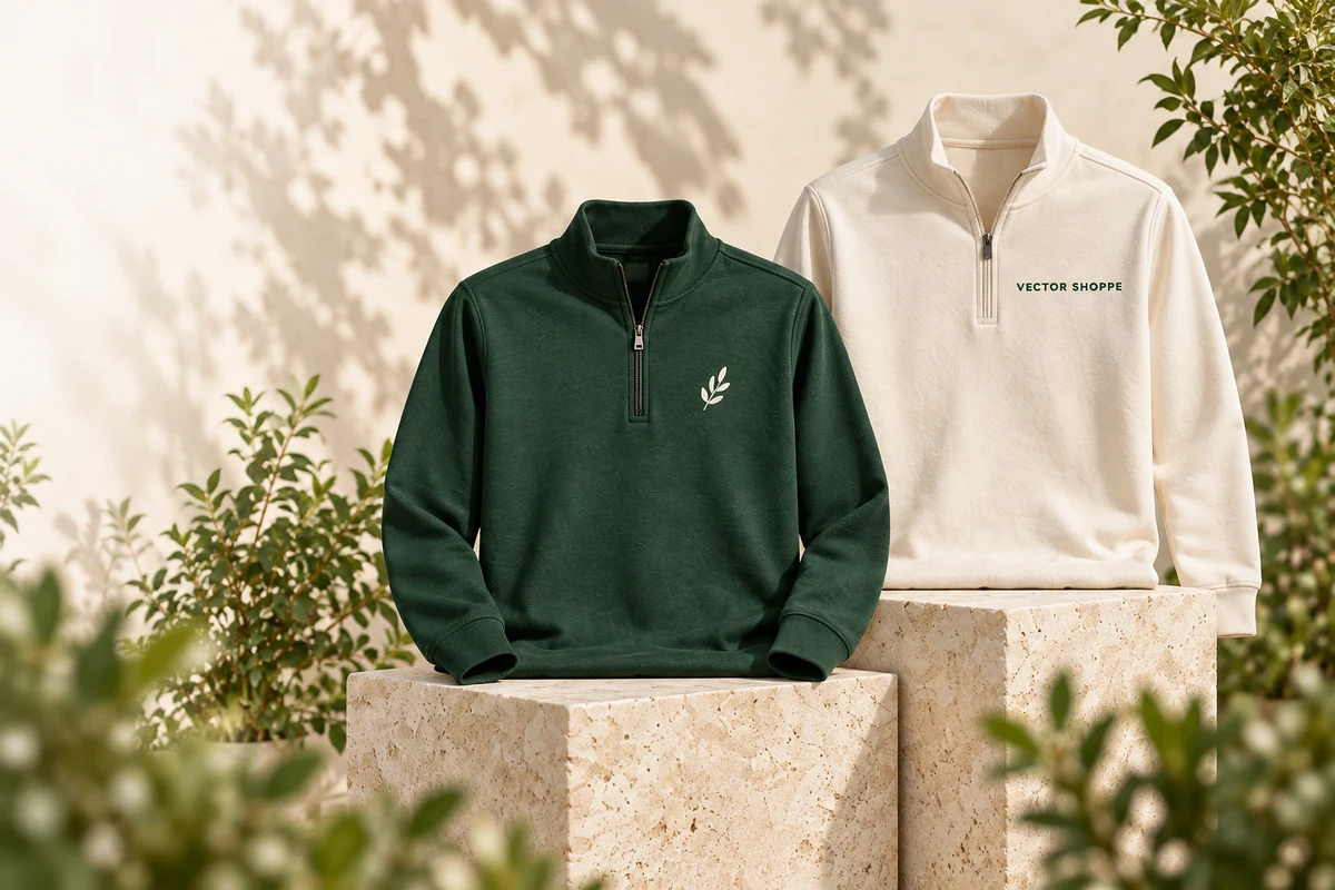 Quarter-Zips in forest green and cream