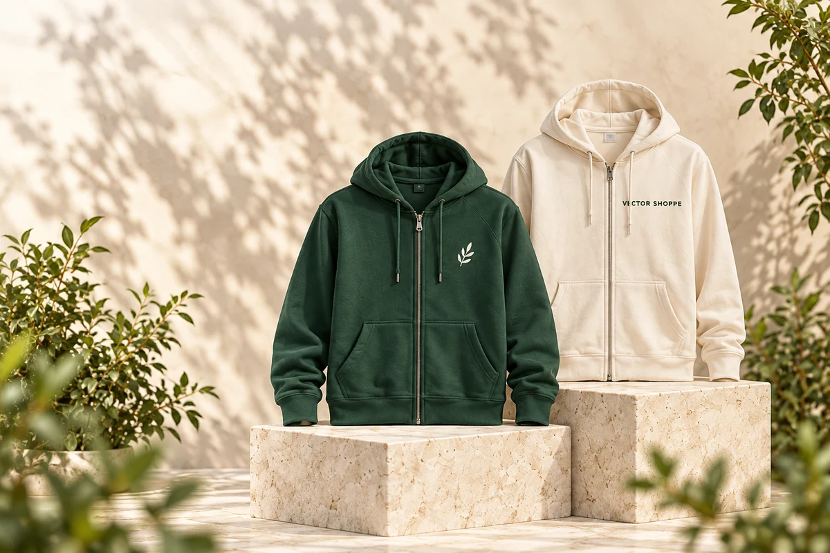 Zip Hoodies in forest green and cream