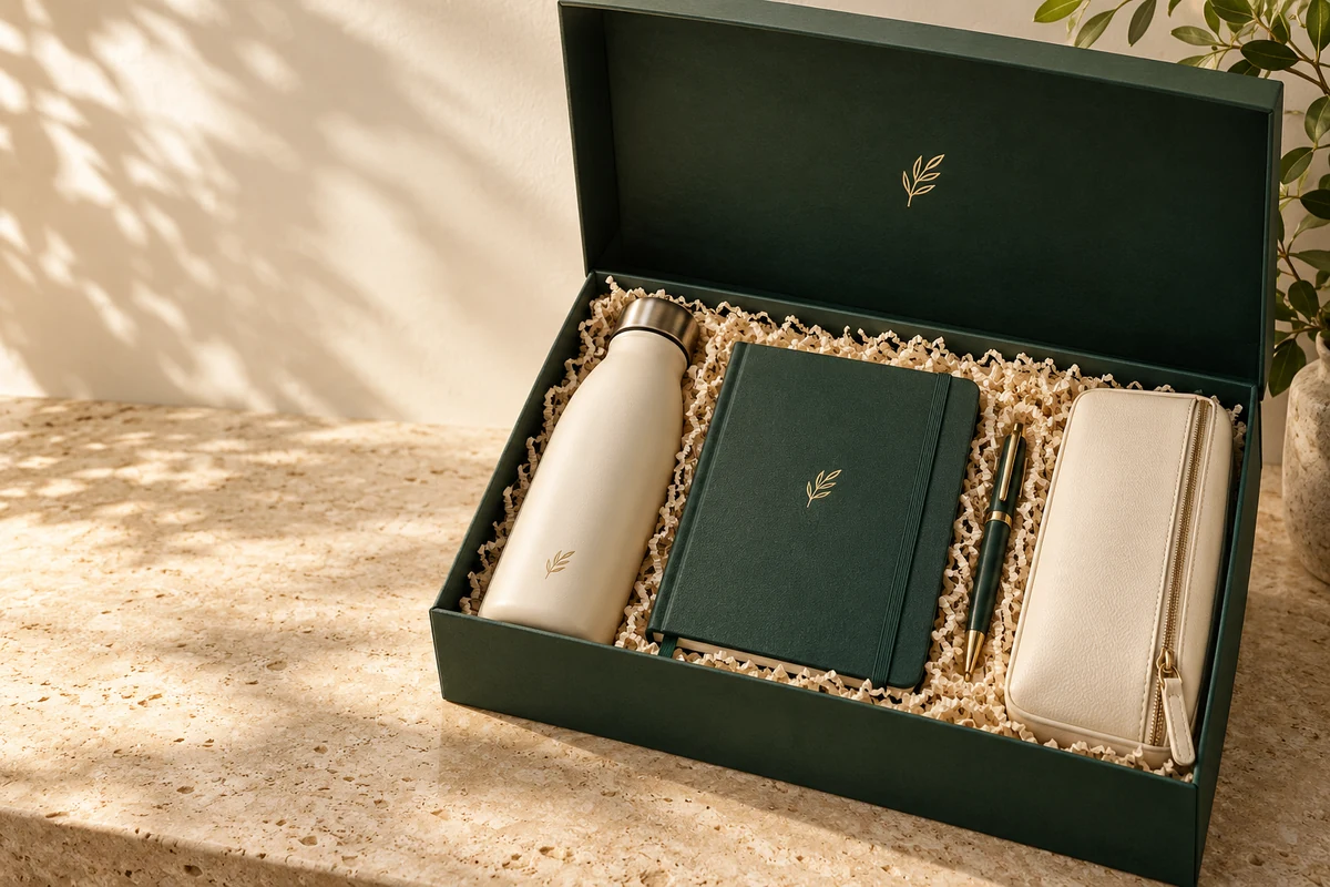 Client Gifts in forest green and cream