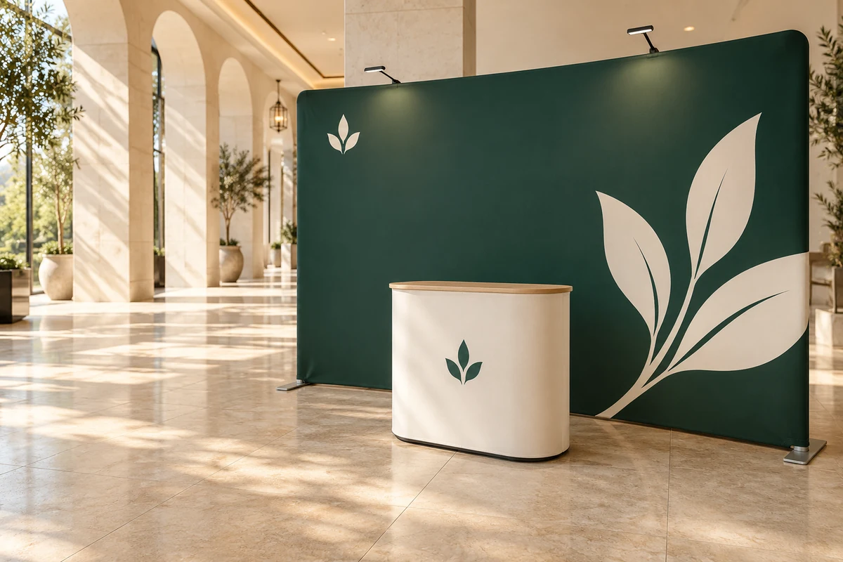 Fabric Displays in forest green and cream