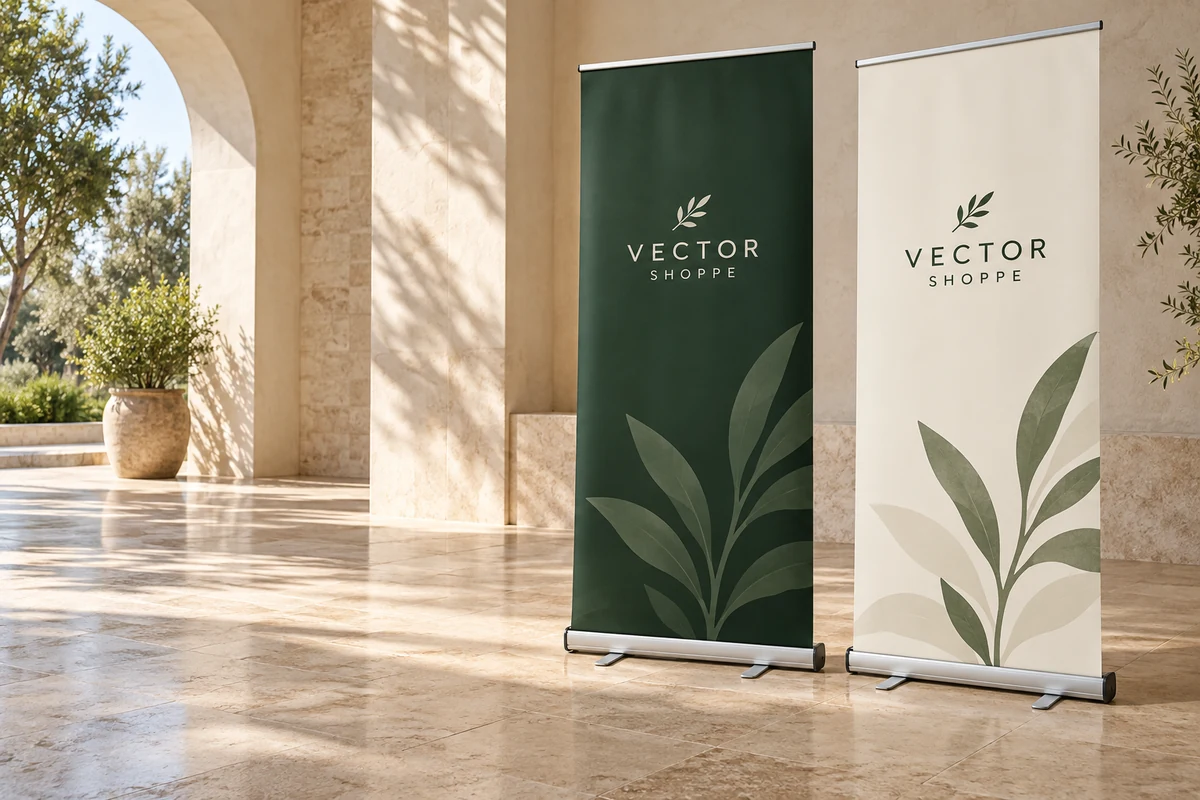 Retractable Banner Stands in forest green and cream