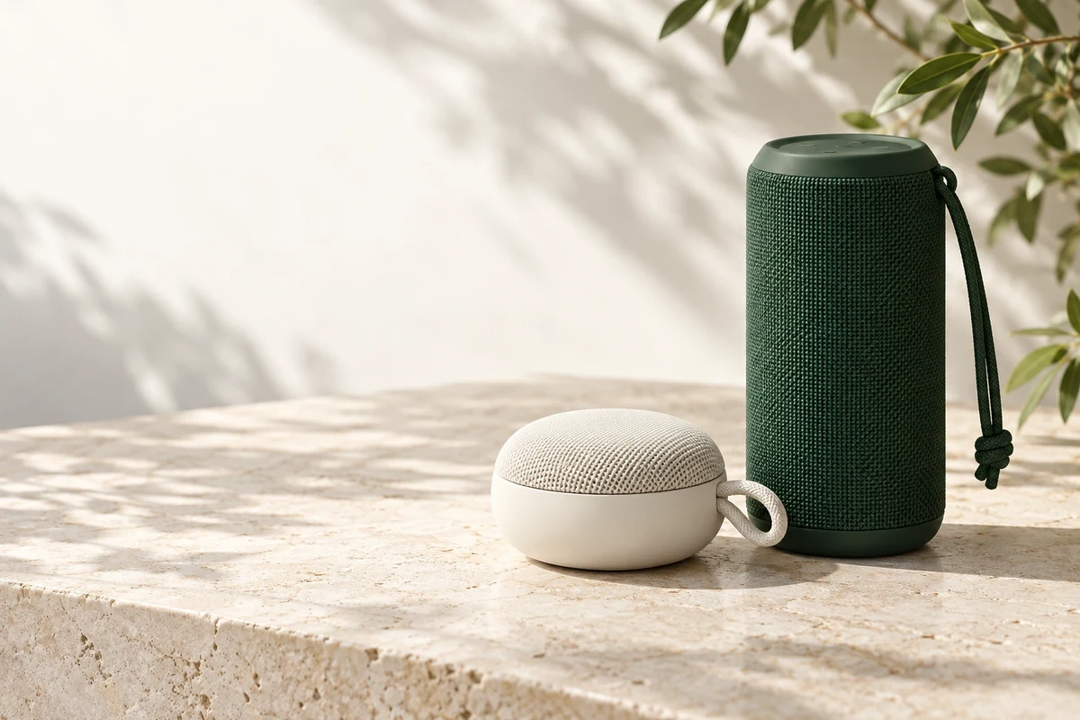 Speakers in forest green and cream