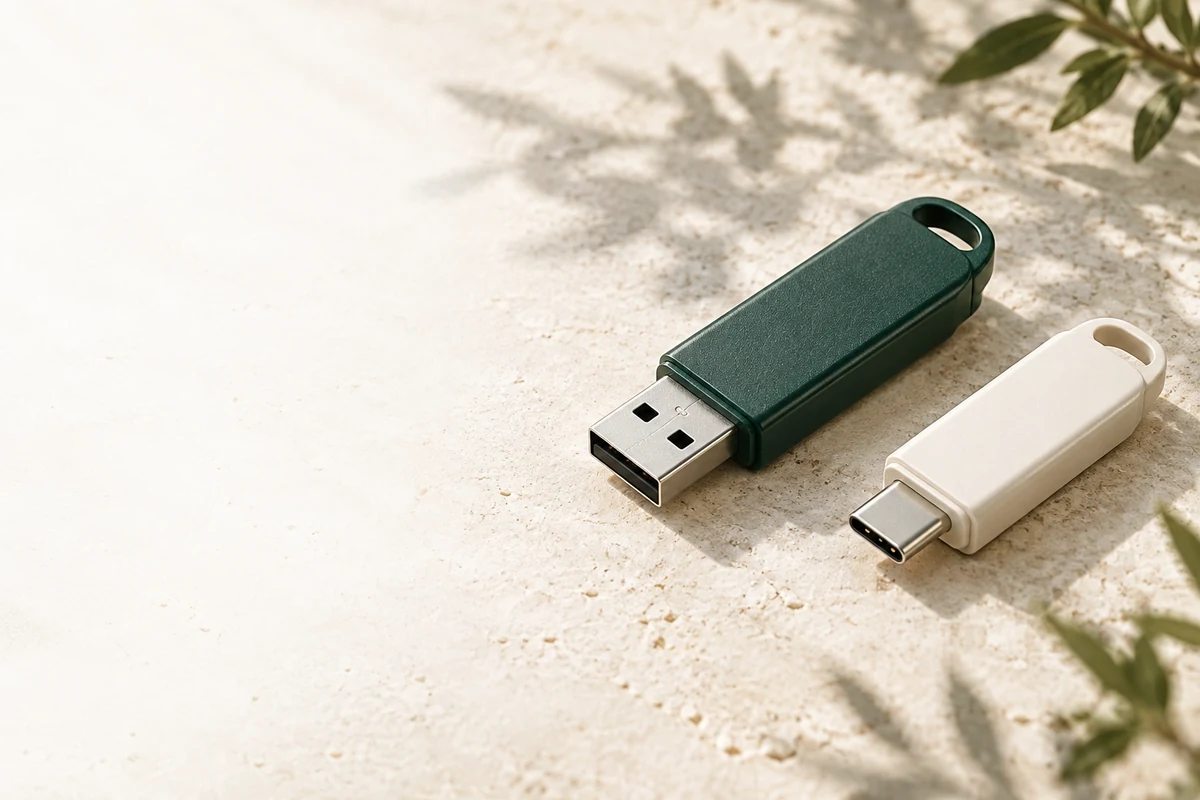 USB Drives in forest green and cream