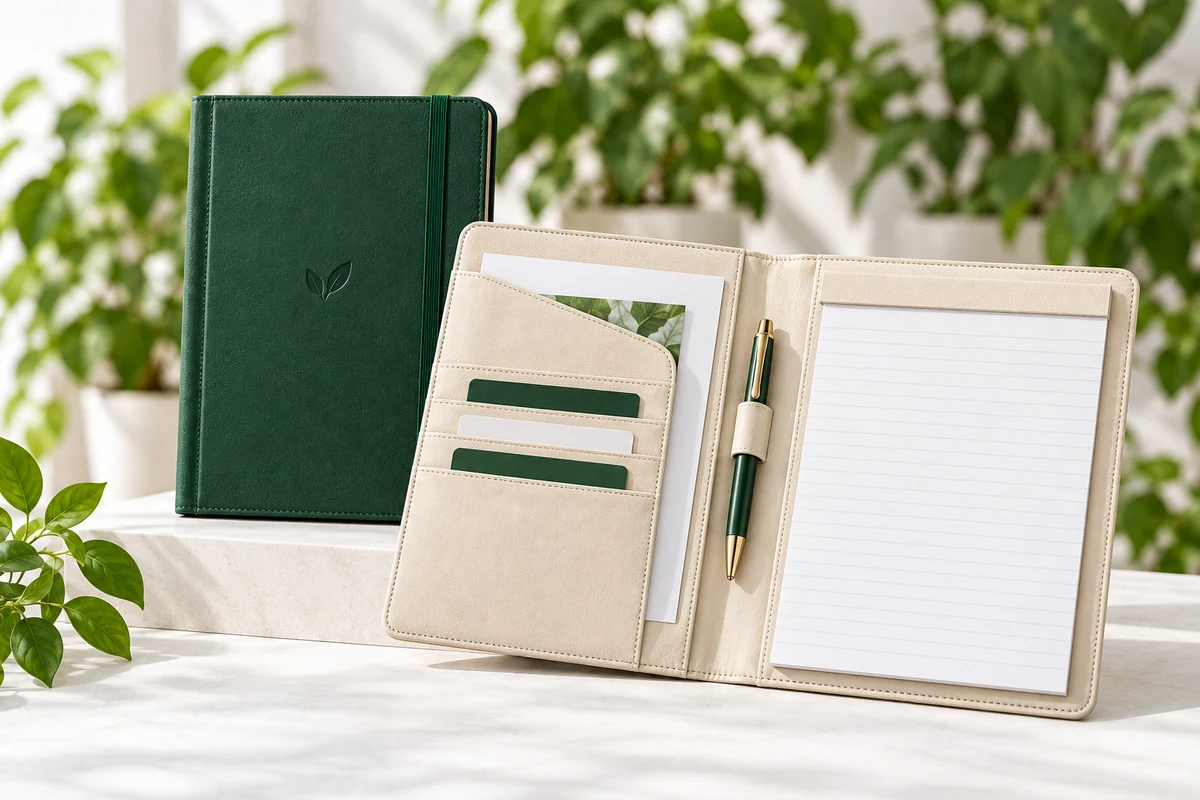 Padfolios in forest green and cream