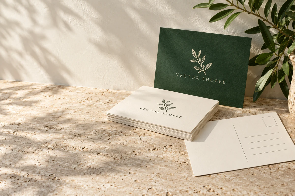 Postcards in forest green and cream