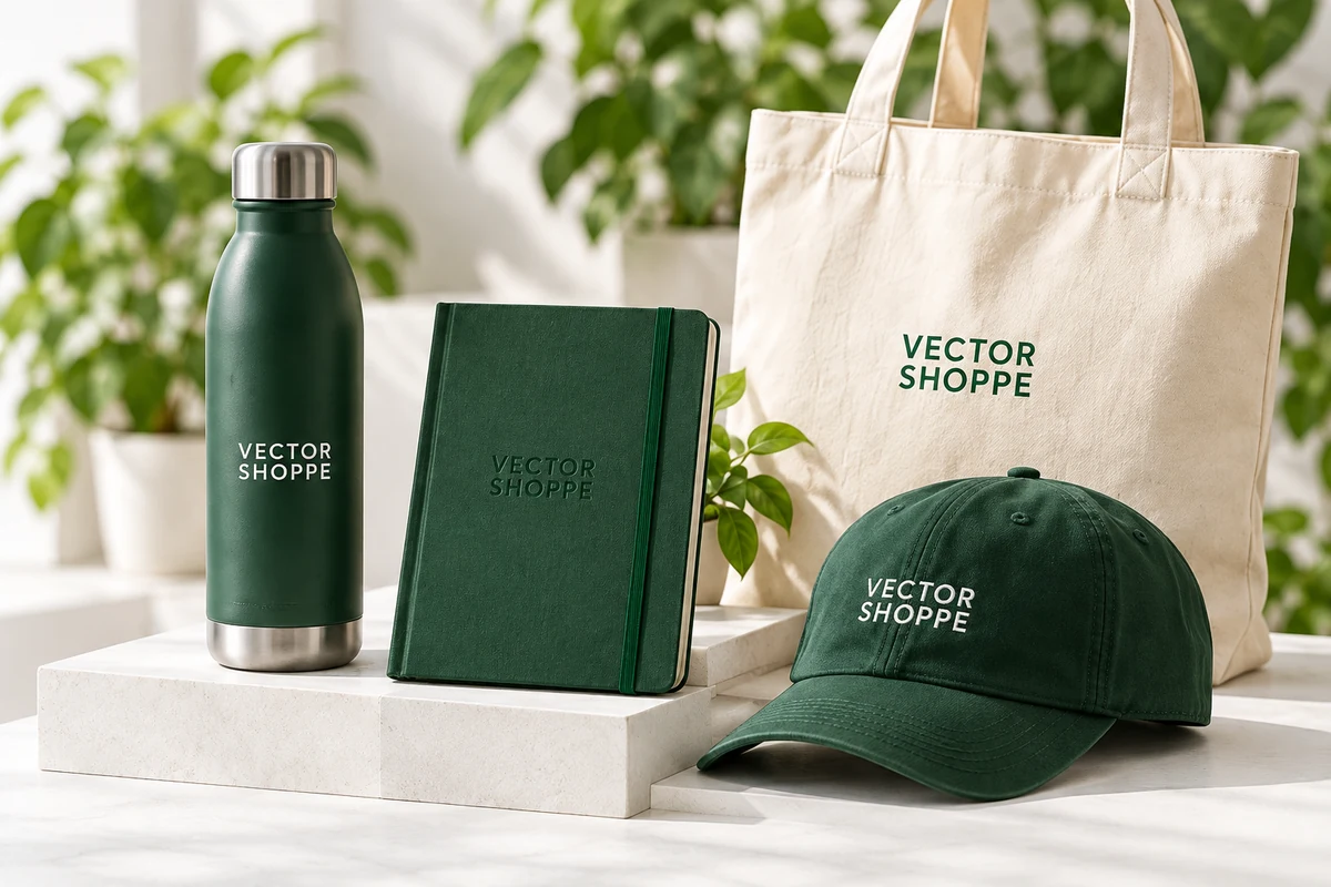 Coordinated forest-green and cream Vector Shoppe branded merchandise